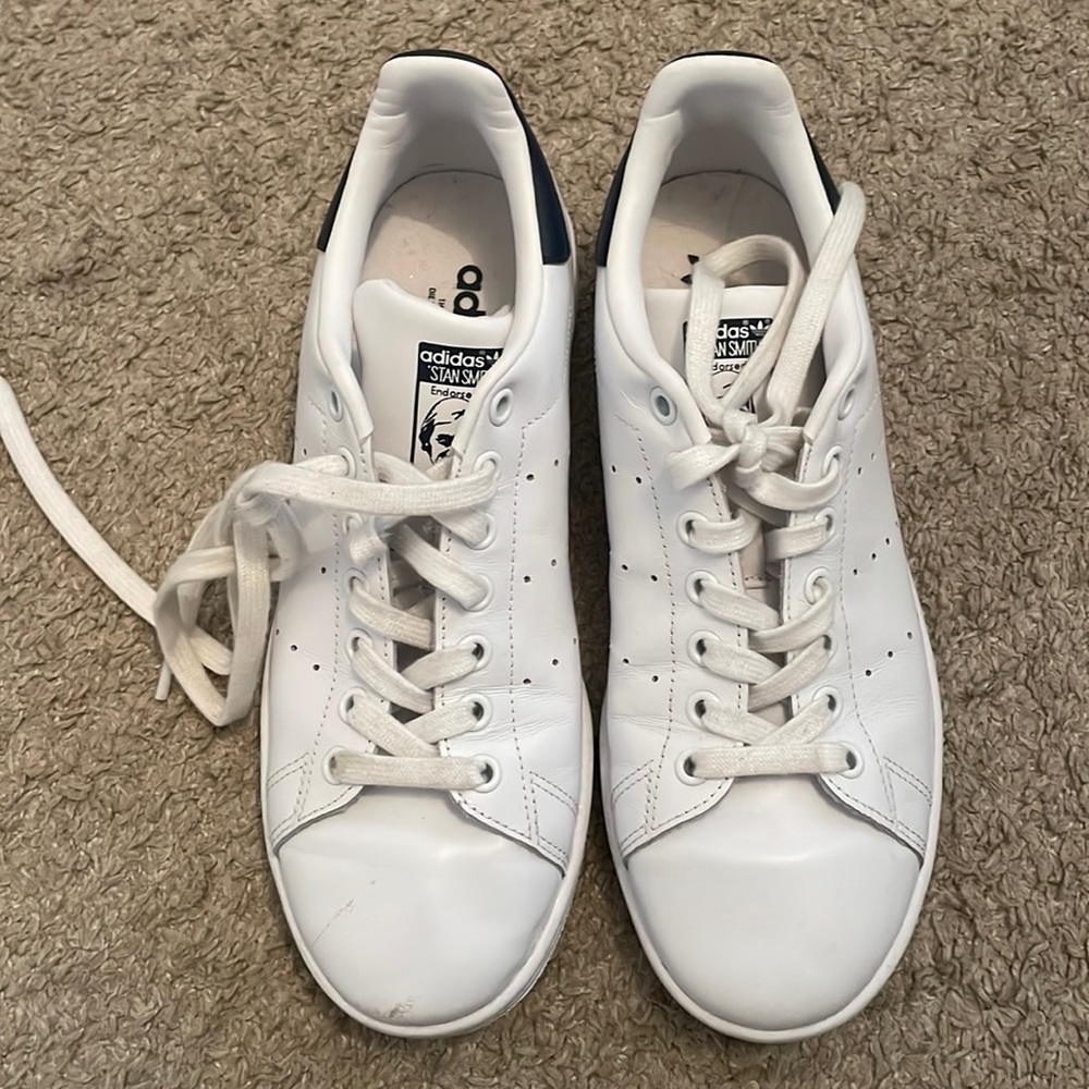 white and navy stan smith sneakers